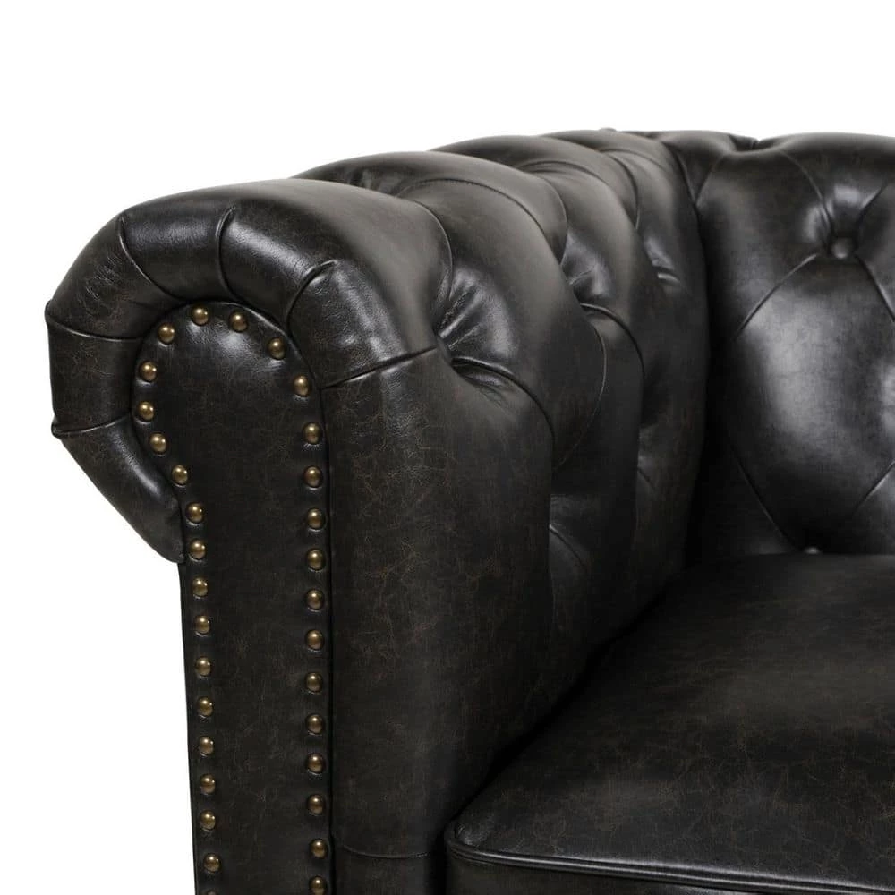 Wholesale 🛒 Winston 38 in. Vintage Black Faux Leather 3-Seater Chesterfield Sofa with Nailheads by Jennifer Taylor ❤️ - Image 7