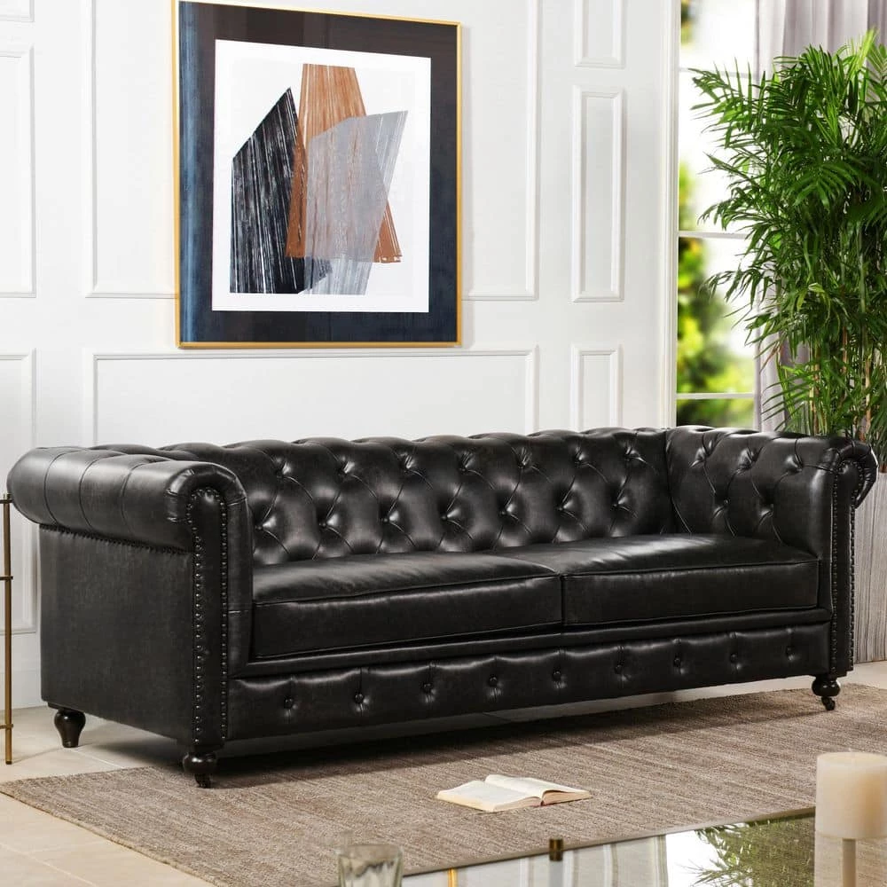 Wholesale 🛒 Winston 38 in. Vintage Black Faux Leather 3-Seater Chesterfield Sofa with Nailheads by Jennifer Taylor ❤️ - Image 2