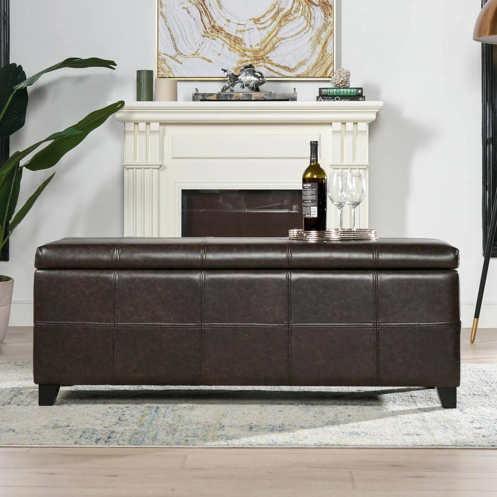 Brand new 🥰 Ryan 48 x 18 x 17.75 in. Vintage Brown Faux Leather Upholstered Storage Accent Bench by Jennifer Taylor 🔥