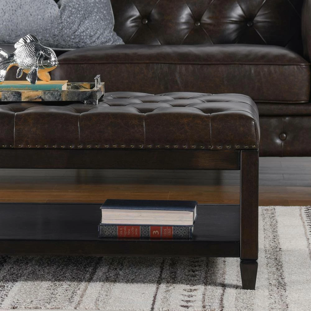 Best Pirce ✔️ Sylvan Farmhouse Birch Wood Tufted Cocktail Storage Ottoman, Vintage Brown Faux Leather by Jennifer Taylor 🔔 - Image 10