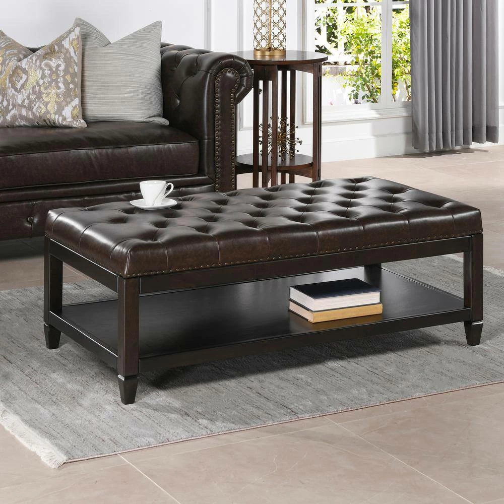 Best Pirce ✔️ Sylvan Farmhouse Birch Wood Tufted Cocktail Storage Ottoman, Vintage Brown Faux Leather by Jennifer Taylor 🔔 - Image 3