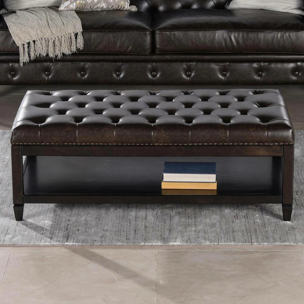 Best Pirce ✔️ Sylvan Farmhouse Birch Wood Tufted Cocktail Storage Ottoman, Vintage Brown Faux Leather by Jennifer Taylor 🔔 - Image 2