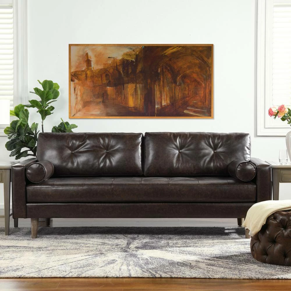 Cheapest 🥰 Nicholas 83.5 in. Mid-Century Modern Sofa, Vintage Brown Faux Leather by Jennifer Taylor ✨ - Image 9