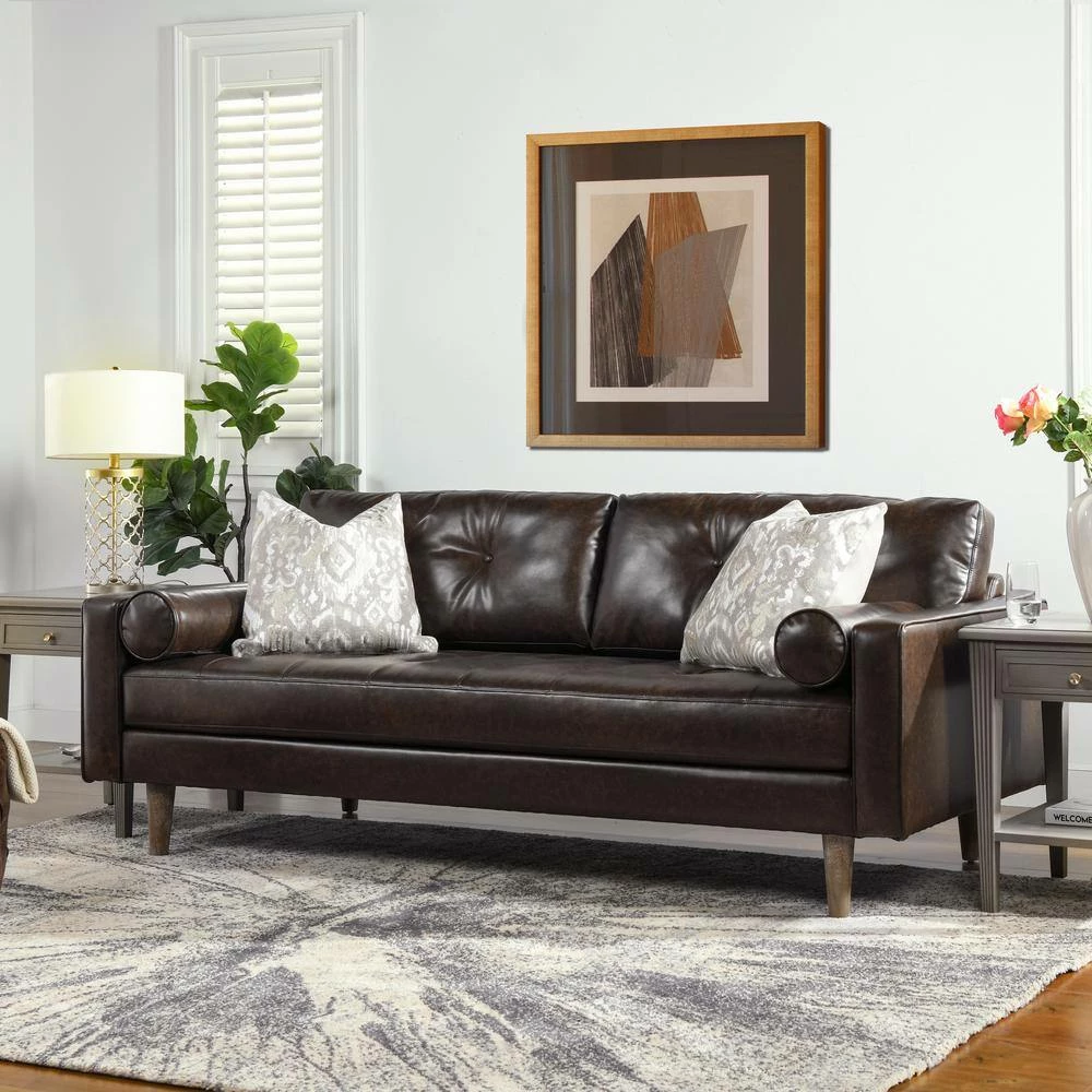 Cheapest 🥰 Nicholas 83.5 in. Mid-Century Modern Sofa, Vintage Brown Faux Leather by Jennifer Taylor ✨ - Image 2