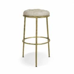 Best deal 🎁 Aerin 30 in. 🔨 Hammered Brass Backless Round Bar Stool, Warm Gray Faux Leather by Jennifer Taylor 👍
